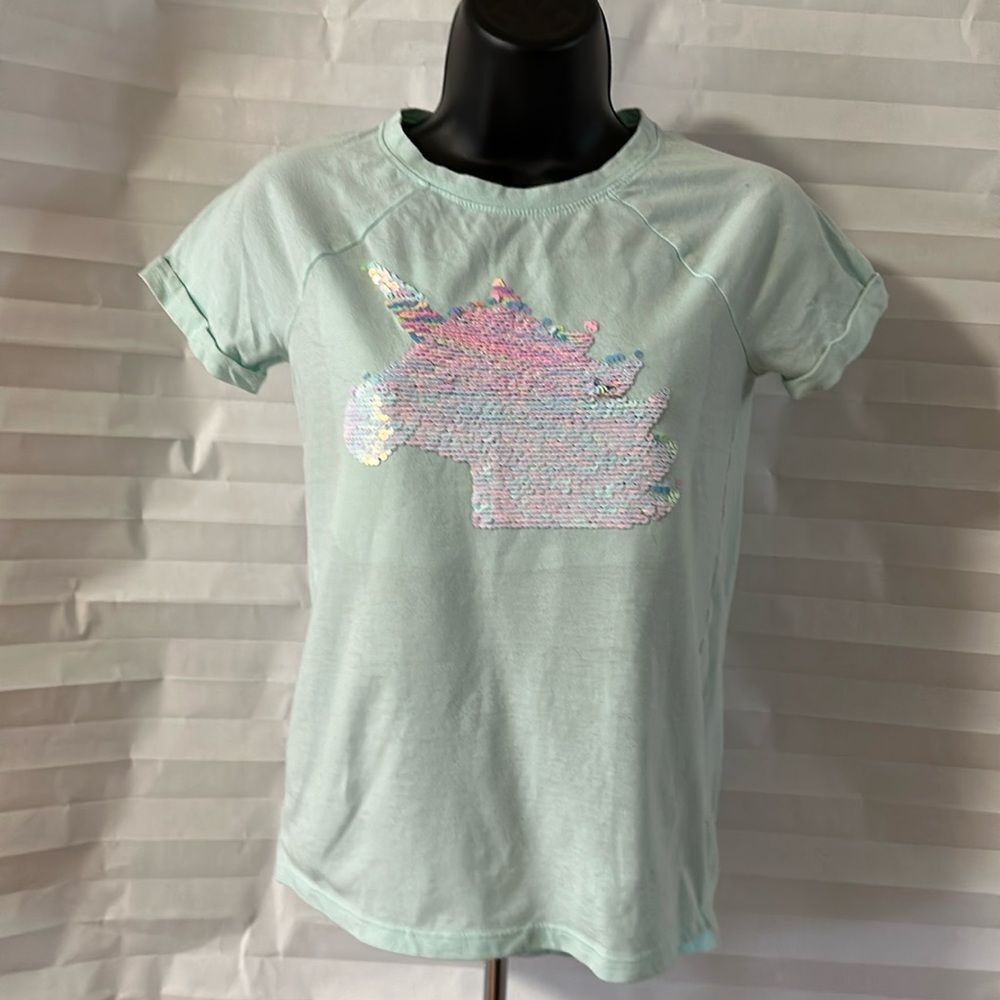 Cat & Jack Girls Mint Green Unicorn Reverse Sequin T-Shirt Size L Short Sleeve